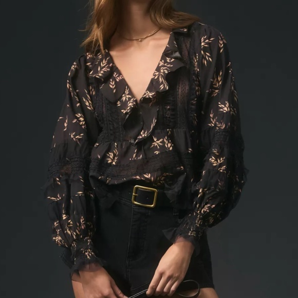 Anthropologie V-Neck Ruffled Blouse | Black Motif | Size Small | NWT - Picture 1 of 15
